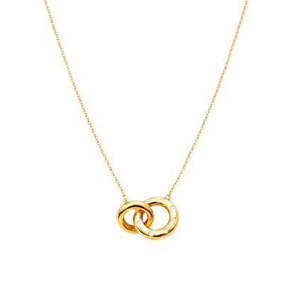 Chain and pendant view of Valentina necklace crafted from sterling silver, 18K gold plated, featuring interlocking rings jewelry with zircon accents.