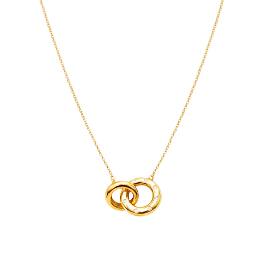 Chain and pendant view of Valentina necklace crafted from sterling silver, 18K gold plated, featuring interlocking rings jewelry with zircon accents.