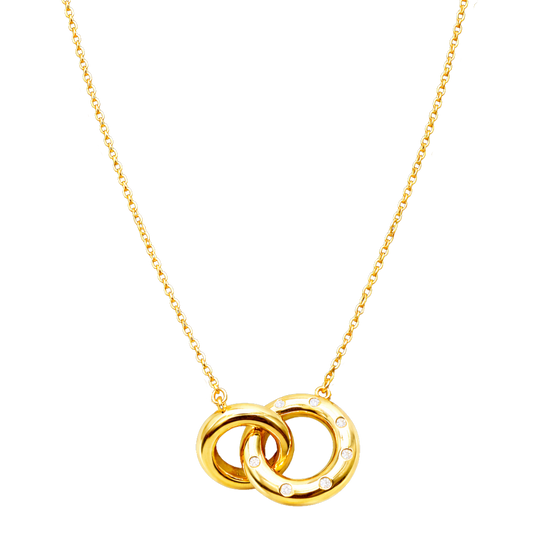 Chain and pendant view of Valentina necklace crafted from sterling silver, 18K gold plated, featuring interlocking rings jewelry with zircon accents.